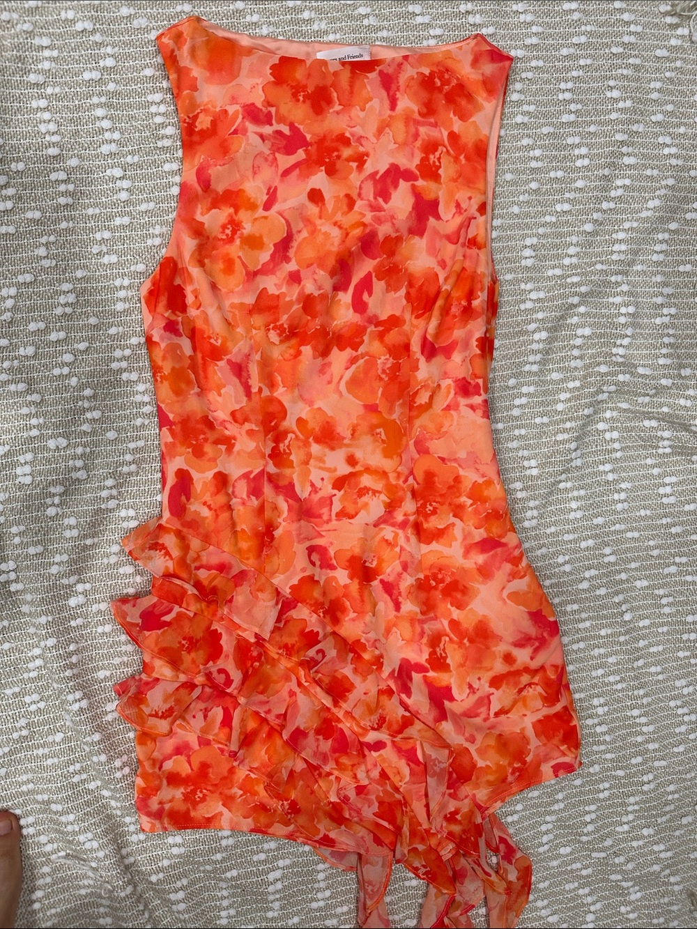 Lovers + Friends Orange and Coral Floral Asymmetrical Ruffle Skirt